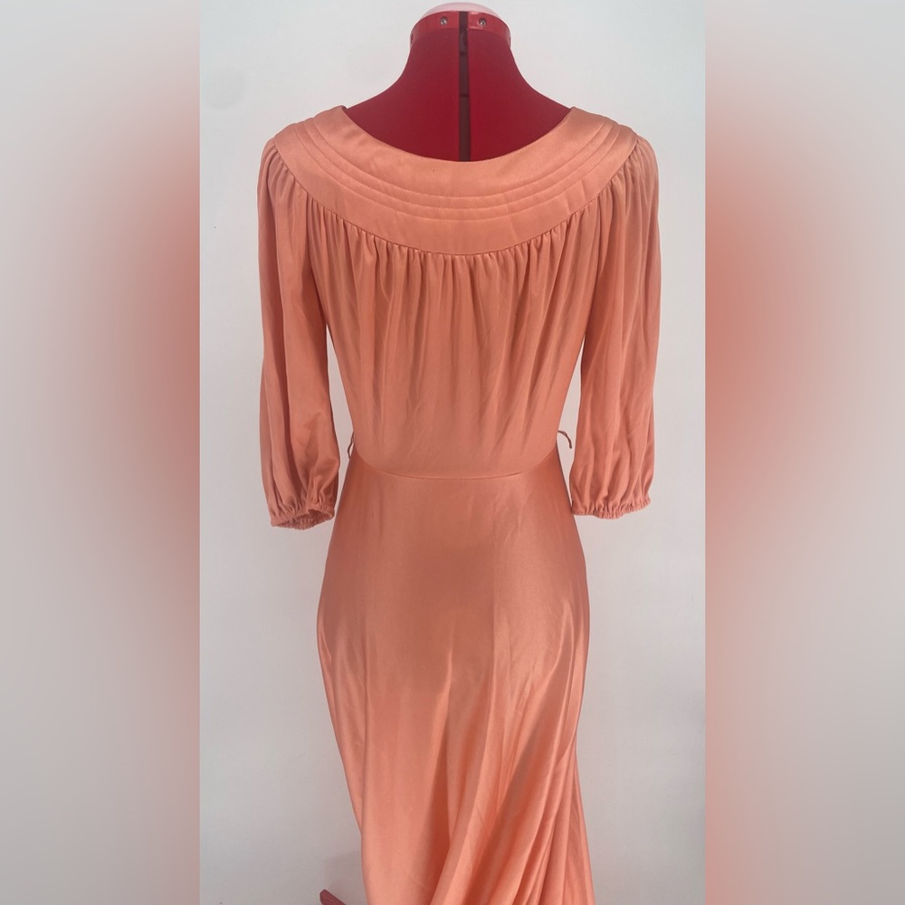 1970s Coral Nylon Hostess Dress House Coat / Maxi Length Lounging Gown - Picture 9 of 16